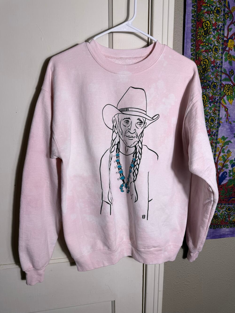 Willie Nelson Sweatshirt Pink Western Cowboy Graphic Turquoise Crewneck
